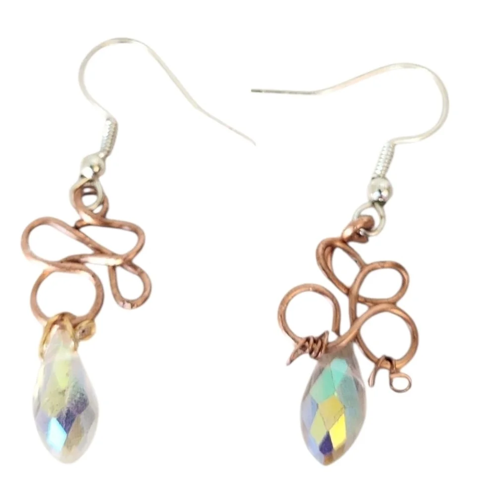Handmade Copper Wire Earrings AB Teardrop Crystal, Iridescent Glow